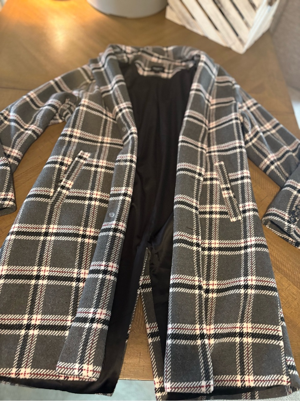 Forever 21 Men's Gray Plaid Coat with Black & Red Accents